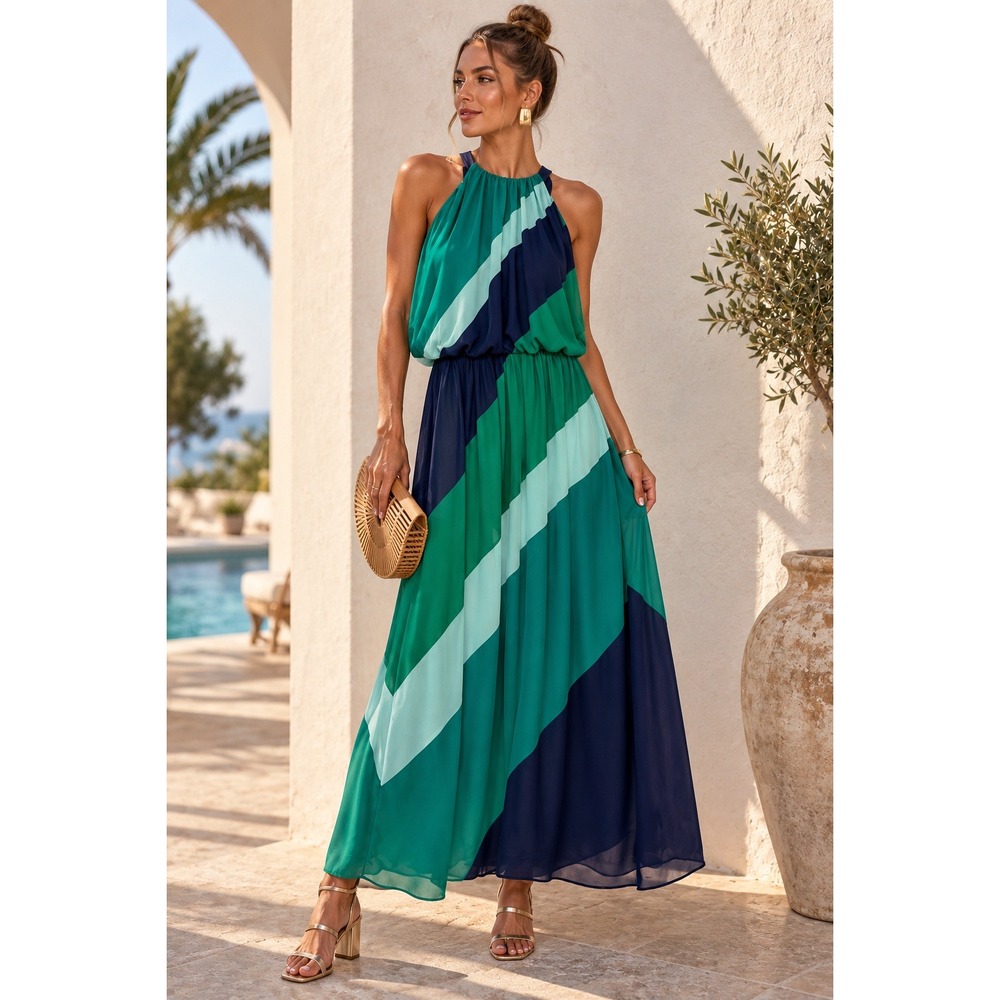 Vince Camuto Colorblock Halter Maxi Dress Green Navy Chiffon Size 6